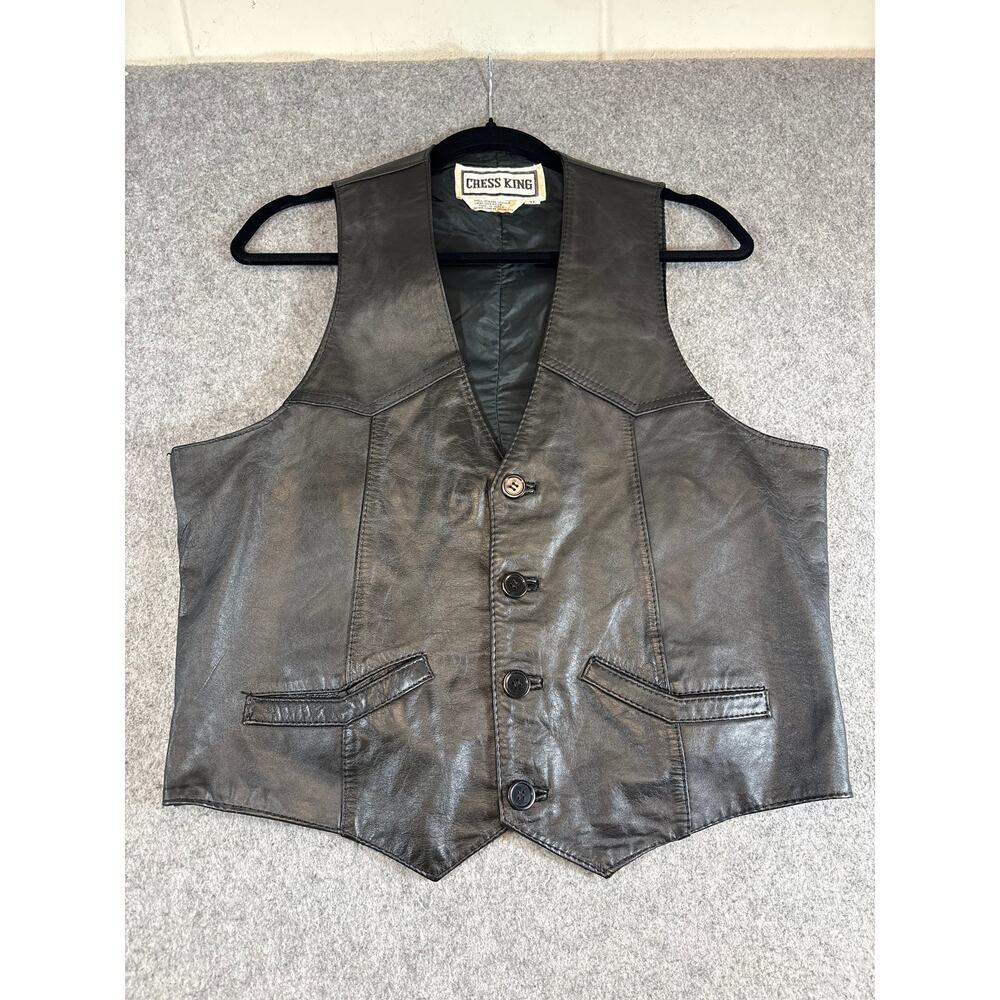 VTG 80s Chess King Mens Leather Western Biker Vest Black Sleeveless Jacket XL